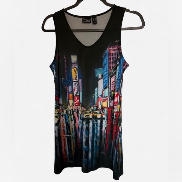 Women with Control Tops - Women with Control Black Tank Top with Multicolor City Print